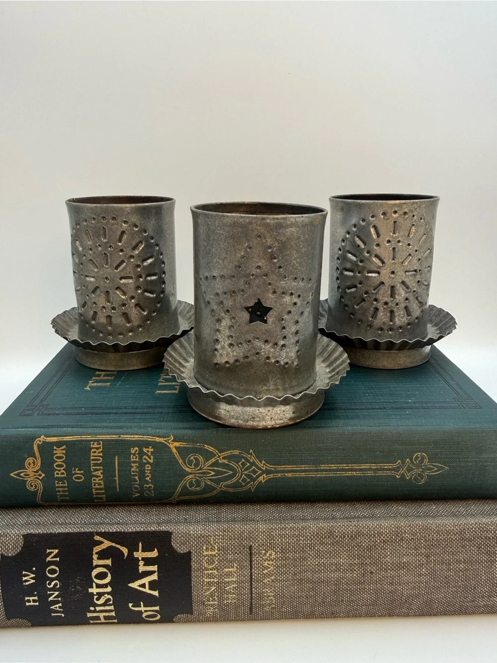 3 Vintage Punched Pierced Tin Candle Holder Primitive Folk Country